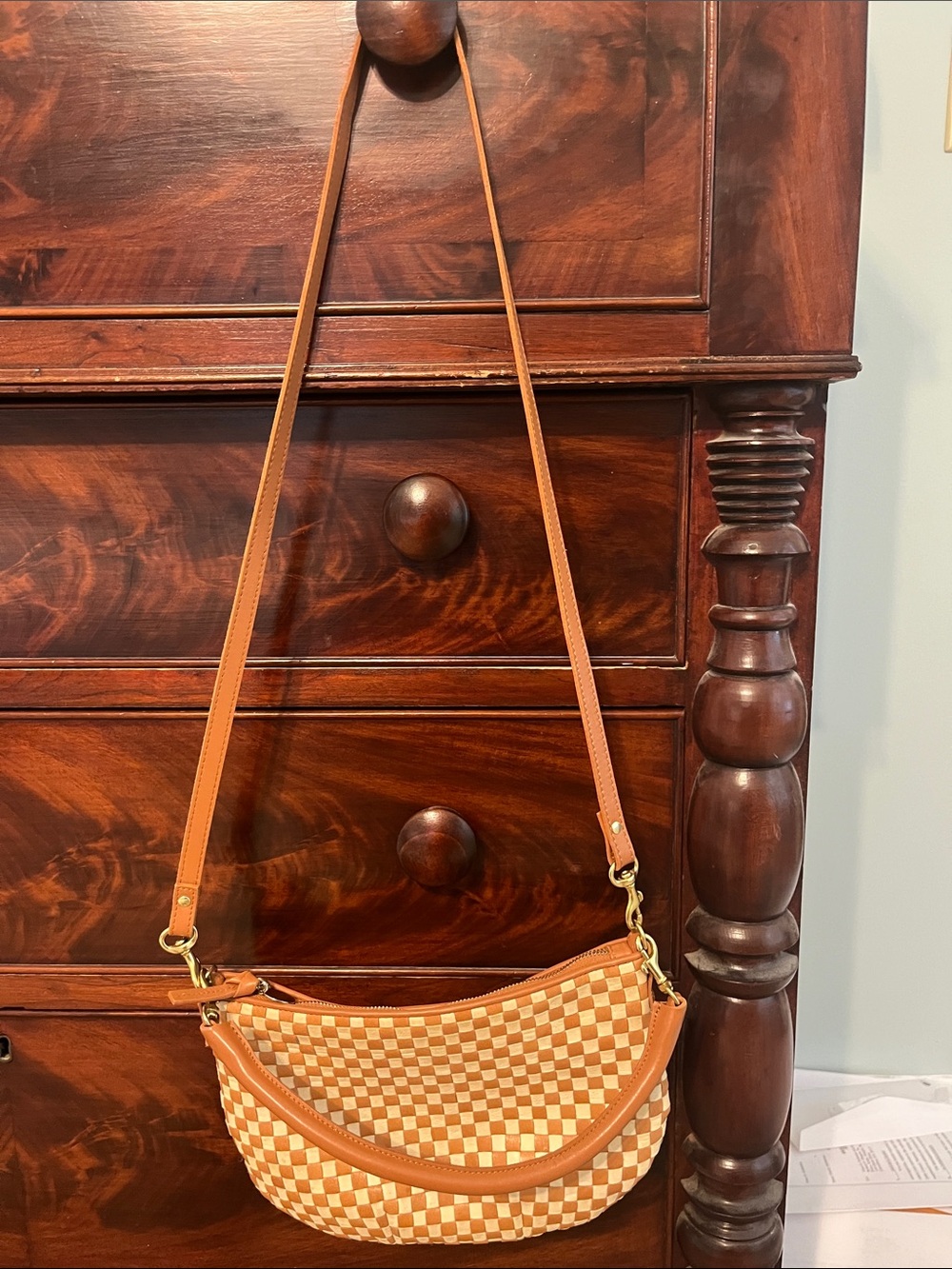 Checkerboard Tan and Cream Crossbody Bag with Adjustable Strap